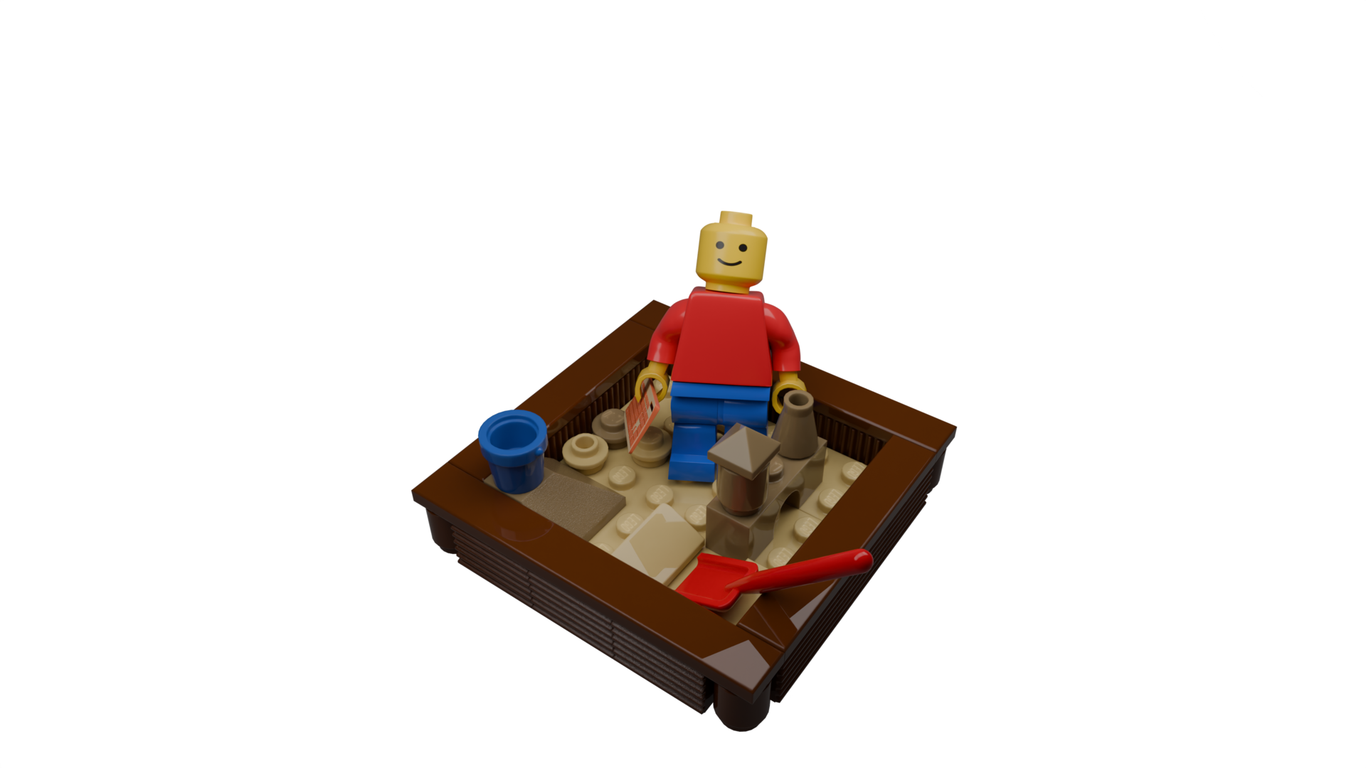 Lego figure standing inside a lego sandbox Lego Figure in Sandbox